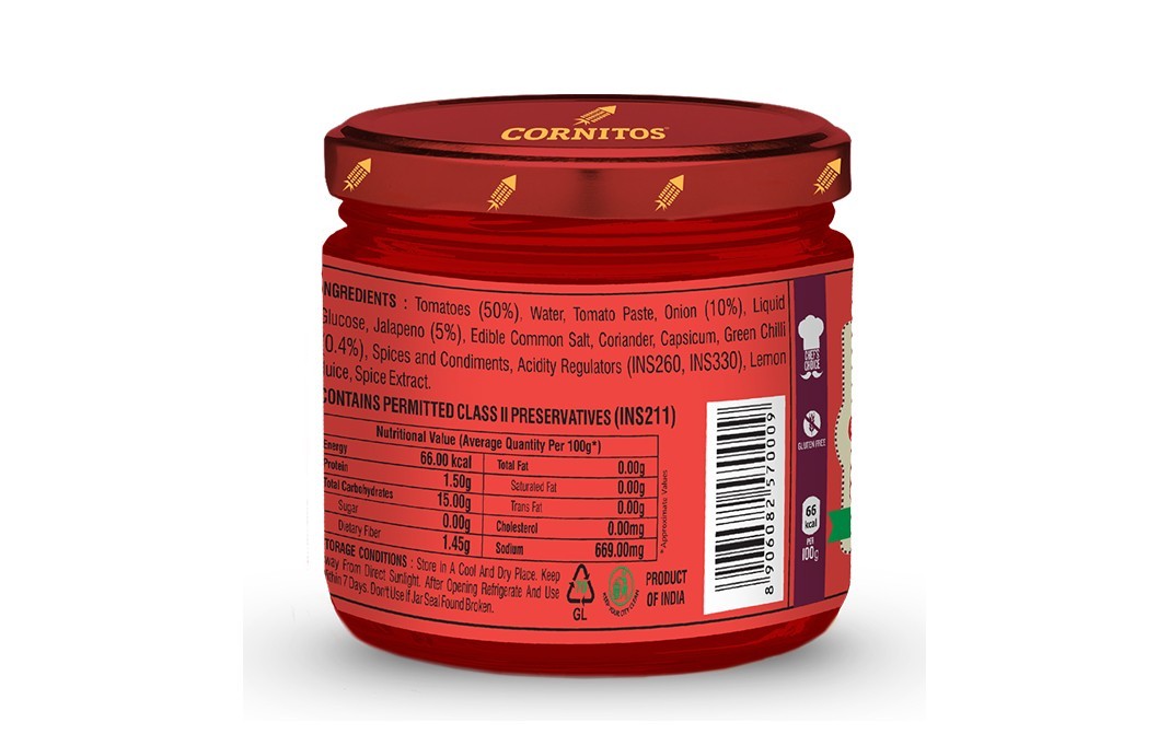 Cornitos Chunky Salsa Tomato Onion Jalapeno Mild   Glass Jar  330 grams